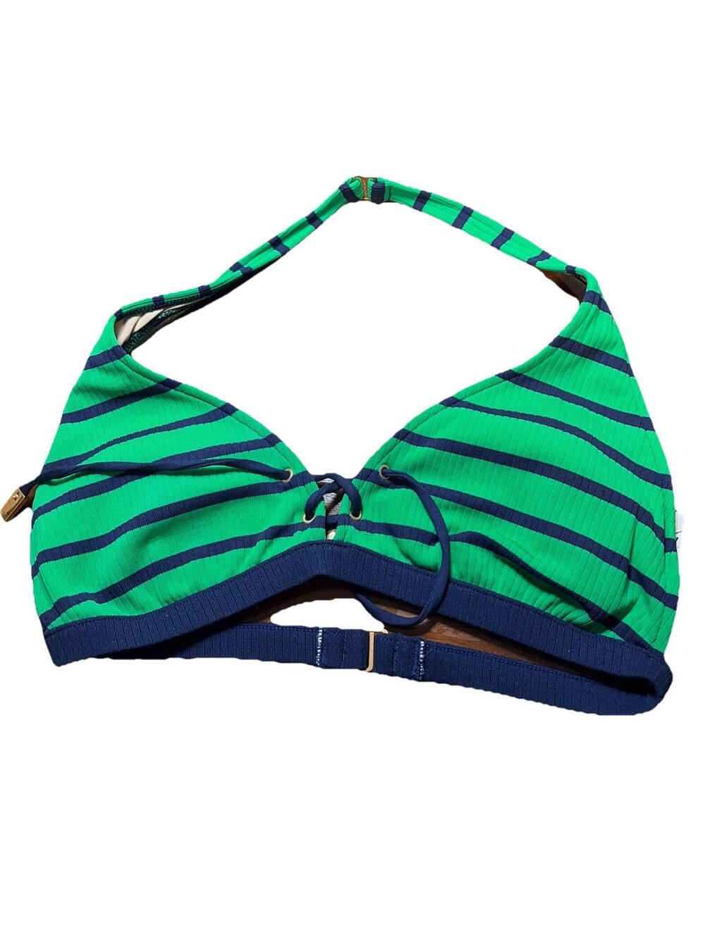 NWT Lauren Ralph Lauren Navy Blue And Green Striped Halter Bikini Top Size 14